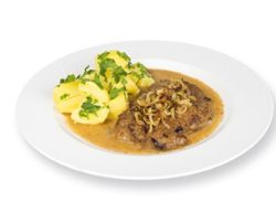 Zwiebelrostbraten mit Petersilienerdäpfel