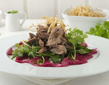 Pulled Lamb mit Wiesenkräutersalat und Rote Rüben-Püree