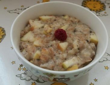 Frühstücksbrei mit Flocken, Samen und Apfel Frühstücksbrei mit Flocken, Samen und Apfel