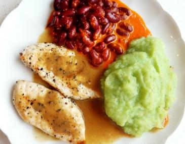 Hühnerfilet mit Erdäpfel-Petersilpüree und Paprika-Kidneybohnen Hühnerfilet mit Erdäpfel-Petersilpüree und Paprika-Kidneybohnen