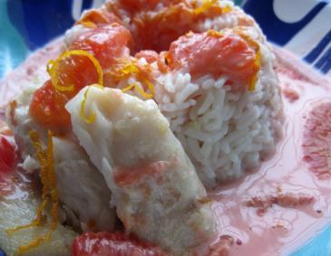 Heilbutt mit Orangen-Chili-Sauce und Ingwer-Reis Heilbutt mit Orangen-Chili-Sauce und Ingwer-Reis