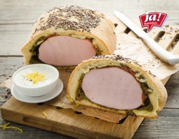 Osterschinken im Leinsaat-Brotteig mit Zitronen-Joghurt-Dip Osterschinken im Leinsaat-Brotteig mit Zitronen-Joghurt-Dip