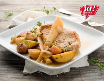 Schweinerücken mit Pastinaken, Maroni und Erdäpfeln Schweinerücken mit Pastinaken, Maroni und Erdäpfeln