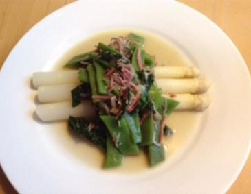 Spargel mit Bohnen-Blattspinat-Gemüse und Speck Spargel mit Bohnen-Blattspinat-Gemüse und Speck