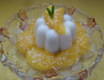 Kokospudding mit Mangomus Kokospudding mit Mangomus