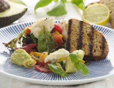 Gegrilltes Maisbrot mit Ofenparadeisern, Avocado und Mozzarella Gegrilltes Maisbrot mit Ofenparadeisern, Avocado und Mozzarella
