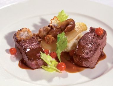Venison with rowan berries and chestnut pears