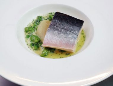 In Kräuteröl pochierter Alpenlachs auf Topinamburpüree mit Fèven