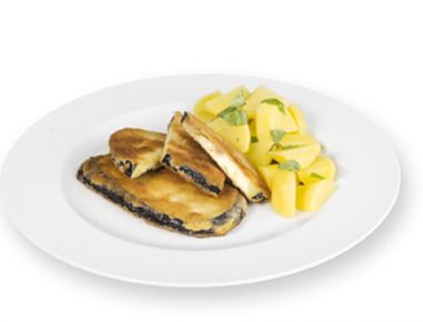 Melanzanischnitzel mit Zitronenerdäpfel