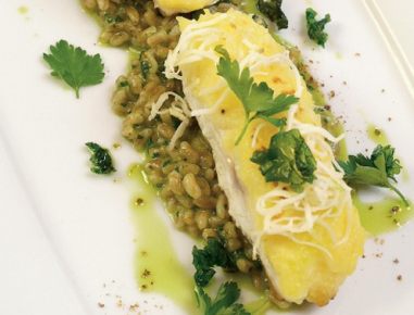 Gebratenes Zanderfilet mit Krenkruste und Gerstlrisotto