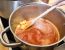 Mit Suppe ablöschen und die Eräpfel sowie die Gewürze hinzugeben.