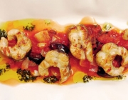 Koteletts vom Aal mit Tomaten-Oliven-Gemüse mit Basilikumöl