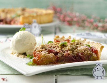 Rhabarber-Erdbeertarte mit Vanillestreuseln und Vanilleeis