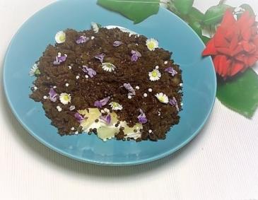 Maulwurfshügel Dessert mit Veilchen und Gänseblümchen
