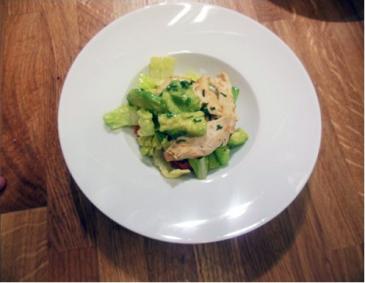 Blutorangen-Avocado-Salat mit gebratenen Hühnerstreifen und Aarons "Speed Dressing"