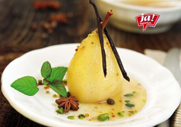 Gewürzbirne mit Krokant und Pistazien Rezept - ichkoche