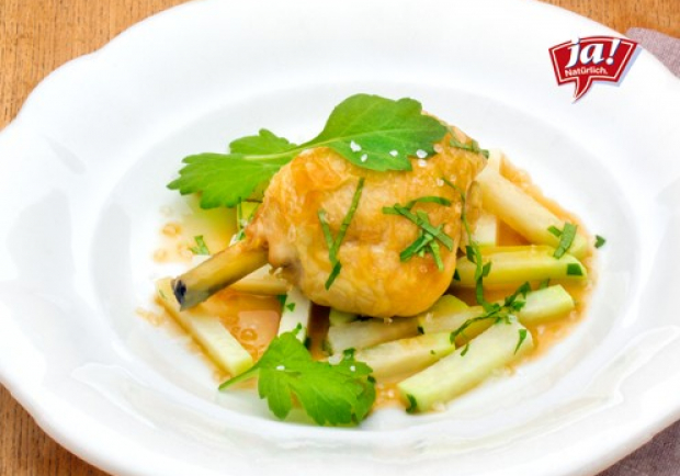 Hendlkeulen mit Beifuß glasiert und Kohlrabi Rezept - ichkoche